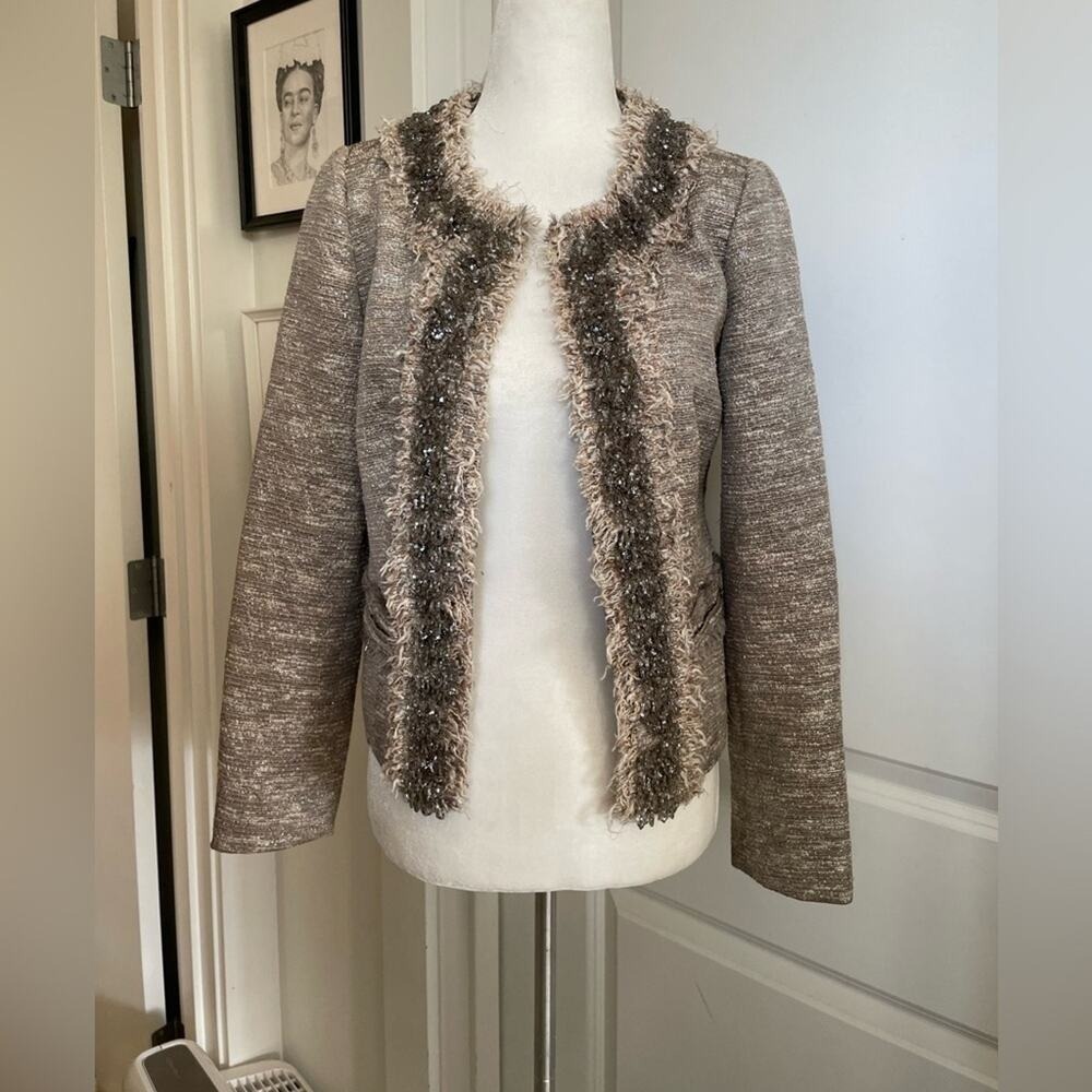 J.CREW Collection Metallic Tan‎ Embellished Fringe Tweed Jacket Blazer 2